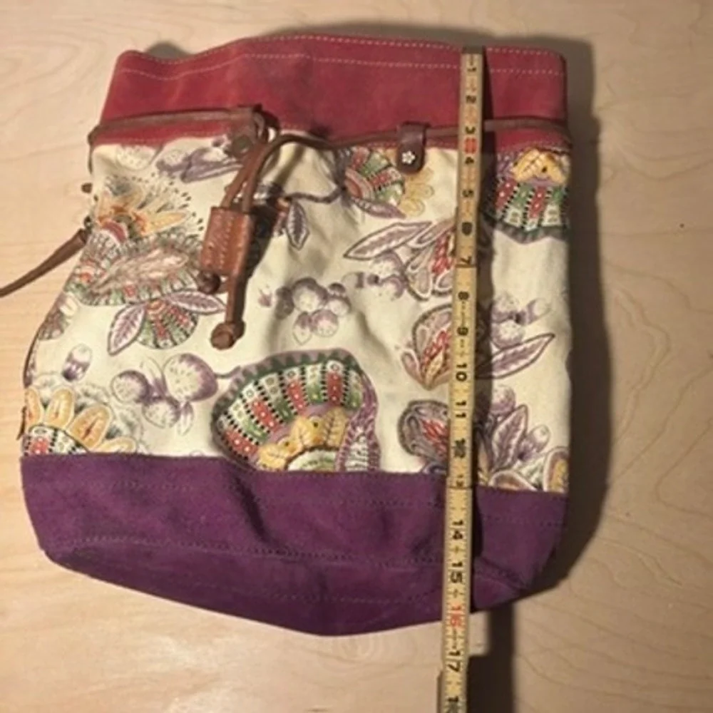 Lucky Brand Backpack Multicolor Floral Suede Canvas Drawstring Boho Skool Laptop